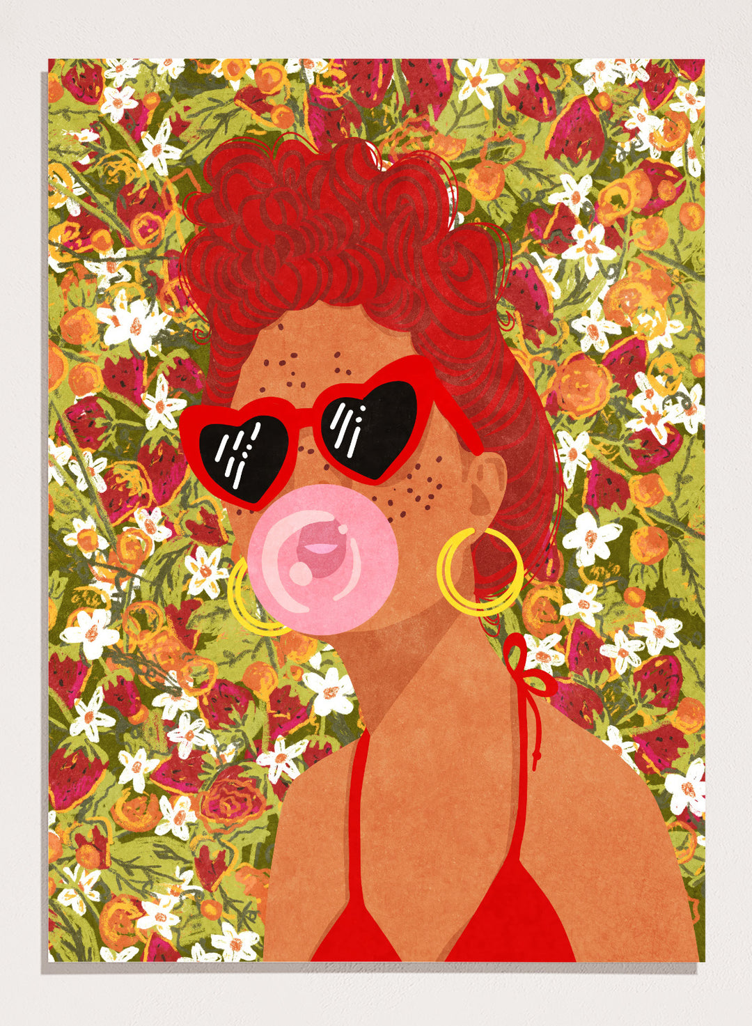 Illustration of a woman with red hair, sunglasses, and a pink bubble gum against a floral background. Strawberry Lady by Raissa Oltmanns fine art print featuring bold female portrait with strawberry background, modern colorful wall decor poster.