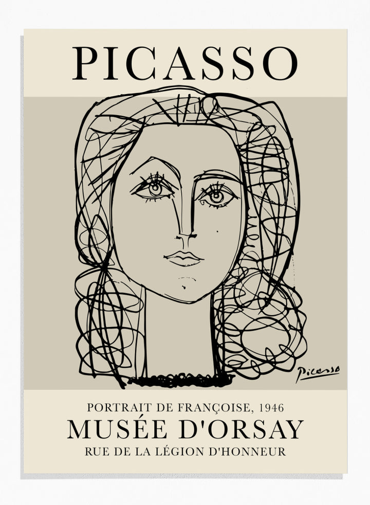 Inspired by Pablo Picasso's original line drawing artwork, this signed lithograph wall art print showcases a portrait of Francoise Gilot 1946 (Portrait de Françoise) in one line art against a white background. This vintage museum exhibition poster by Musee D'orsay is perfect for any boho, retro, or minimalist space.