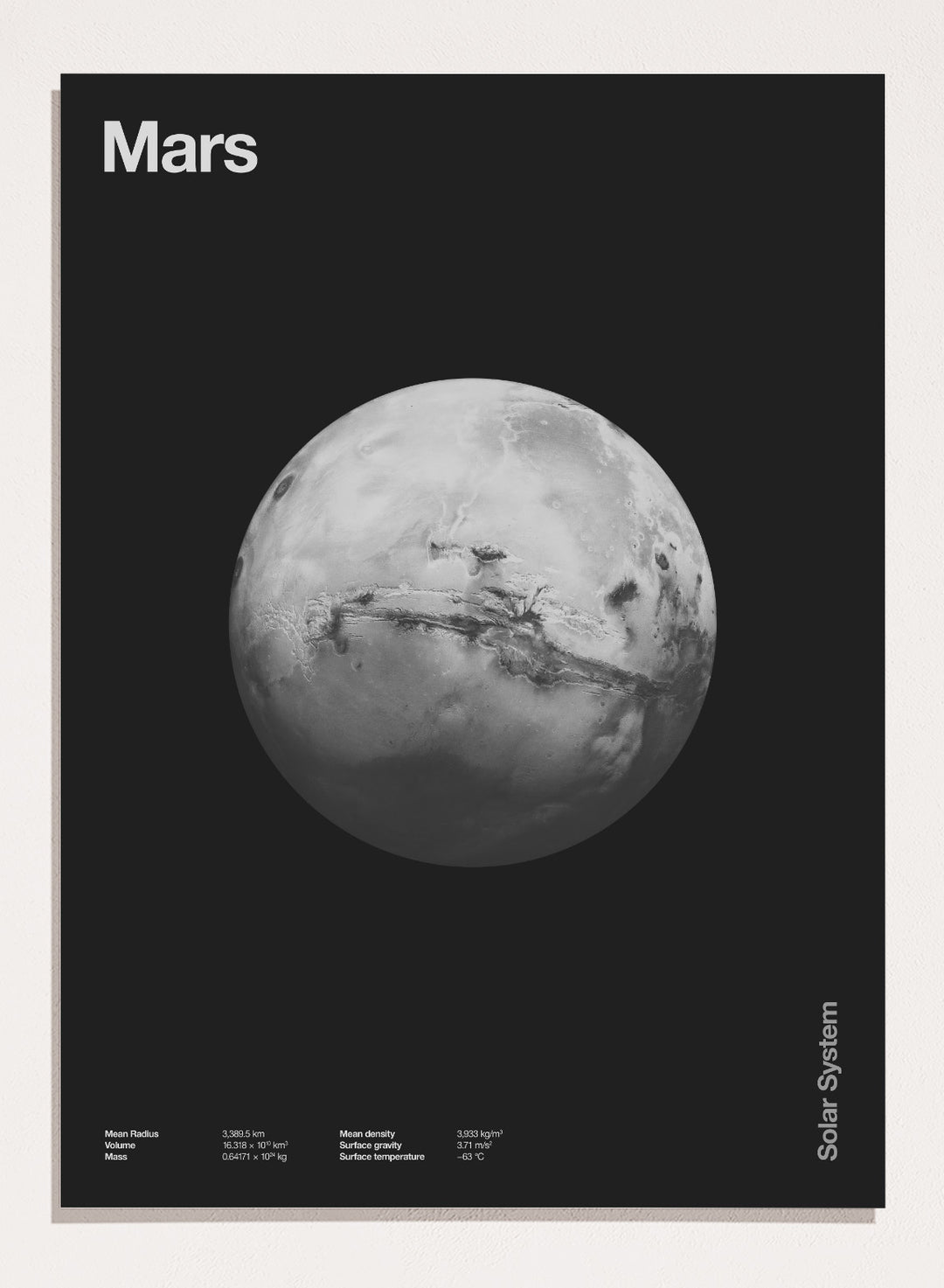 Black and white image of Mars with 'Mars' text at the top on a black background. Planet Mars by Florent Bodart is a minimalist space art print with detailed surface texture, a modern black wall poster inspired by astronomy and science design.