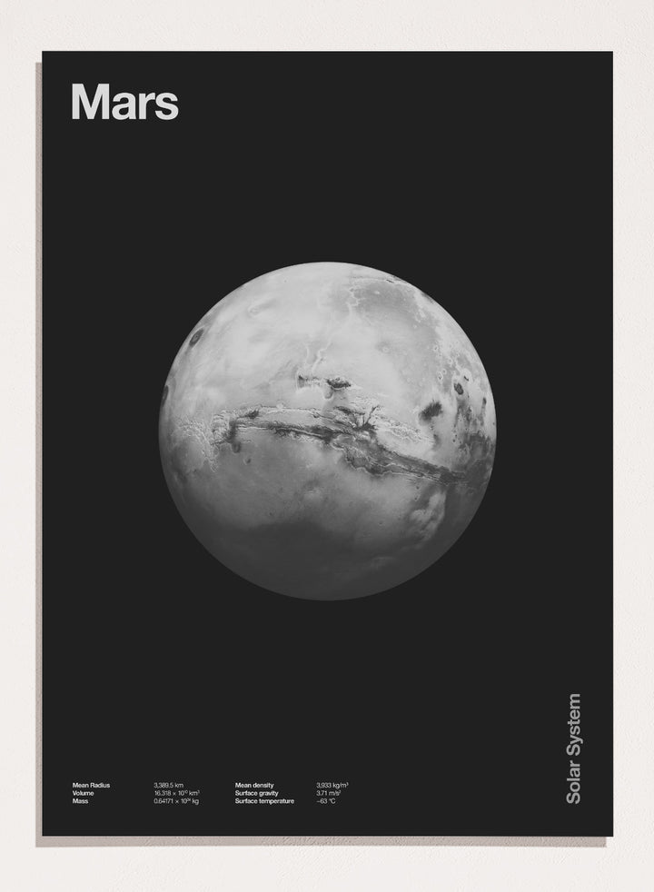 Black and white image of Mars with 'Mars' text at the top on a black background. Planet Mars by Florent Bodart is a minimalist space art print with detailed surface texture, a modern black wall poster inspired by astronomy and science design.