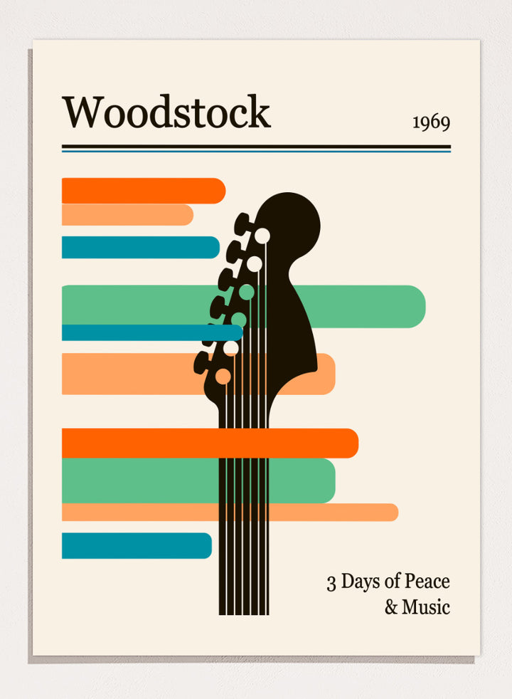A graphic poster-style design for Woodstock 1969, featuring a black guitar headstock silhouette layered over horizontal orange, teal, and blue bars on a warm cream background. The text reads &