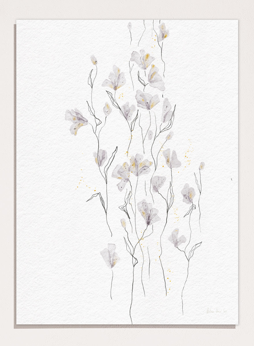 A framed watercolor painting of delicate white and light gray flowers with thin stems on a textured white background. Shop Delicate Gold Flowers by Ankie Kooi, a floral wall art print poster with airy botanical stems, soft gray flowers, yellow accents, and line art.