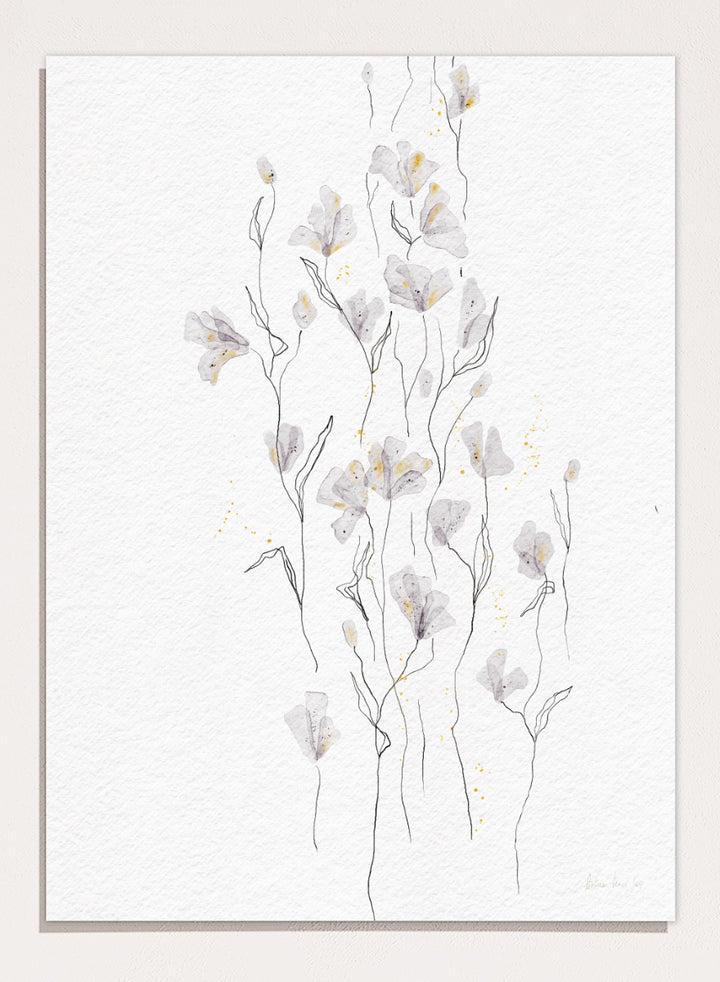 A framed watercolor painting of delicate white and light gray flowers with thin stems on a textured white background. Shop Delicate Gold Flowers by Ankie Kooi, a floral wall art print poster with airy botanical stems, soft gray flowers, yellow accents, and line art.