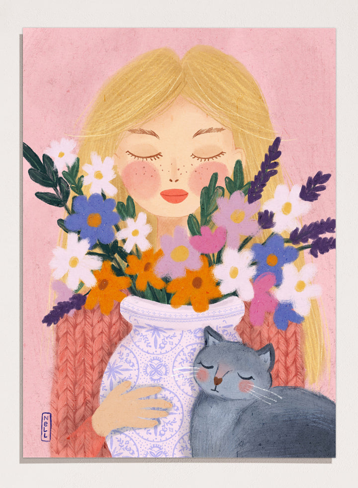 Illustration of a woman holding a vase of flowers and a cat on a pink background. Dreamy Girl Cat Flowers by Dirkie Nell is a colorful floral portrait art print featuring hand painted flowers, a sleepy cat, and soft contemporary illustration details.