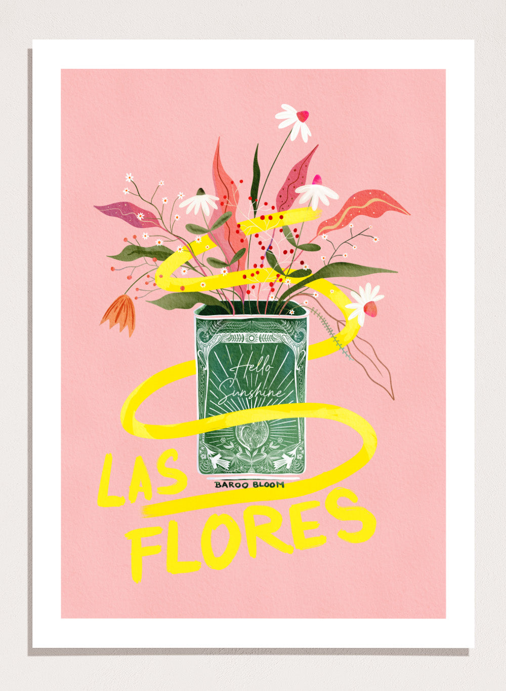 Illustration of a flower arrangement in a can with 'Las Flores' text on a pink background. Las Flores by Baroo Bloom is a colorful floral art print with playful illustration and bold lettering. Officially licensed wall poster with optional framing.