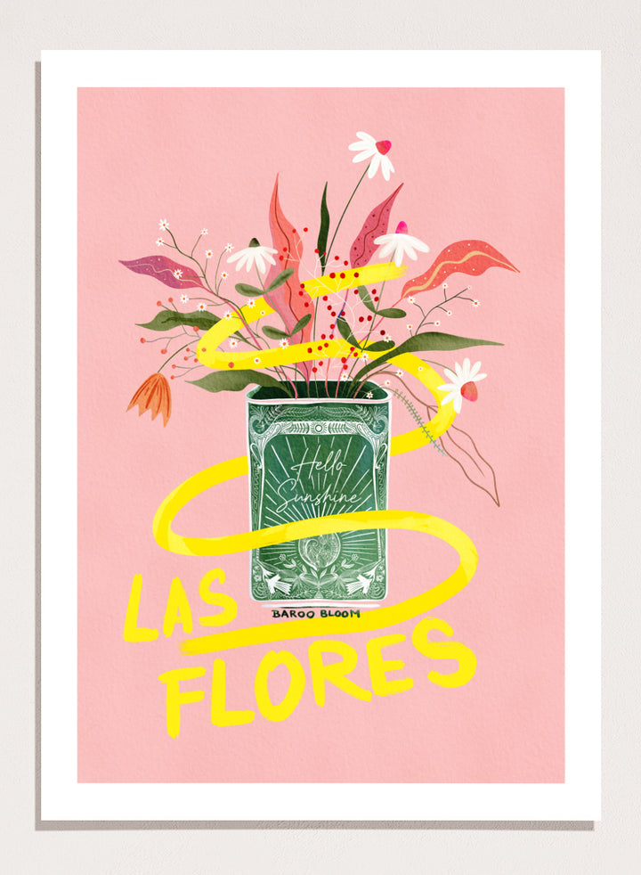 Illustration of a flower arrangement in a can with 'Las Flores' text on a pink background. Las Flores by Baroo Bloom is a colorful floral art print with playful illustration and bold lettering. Officially licensed wall poster with optional framing.