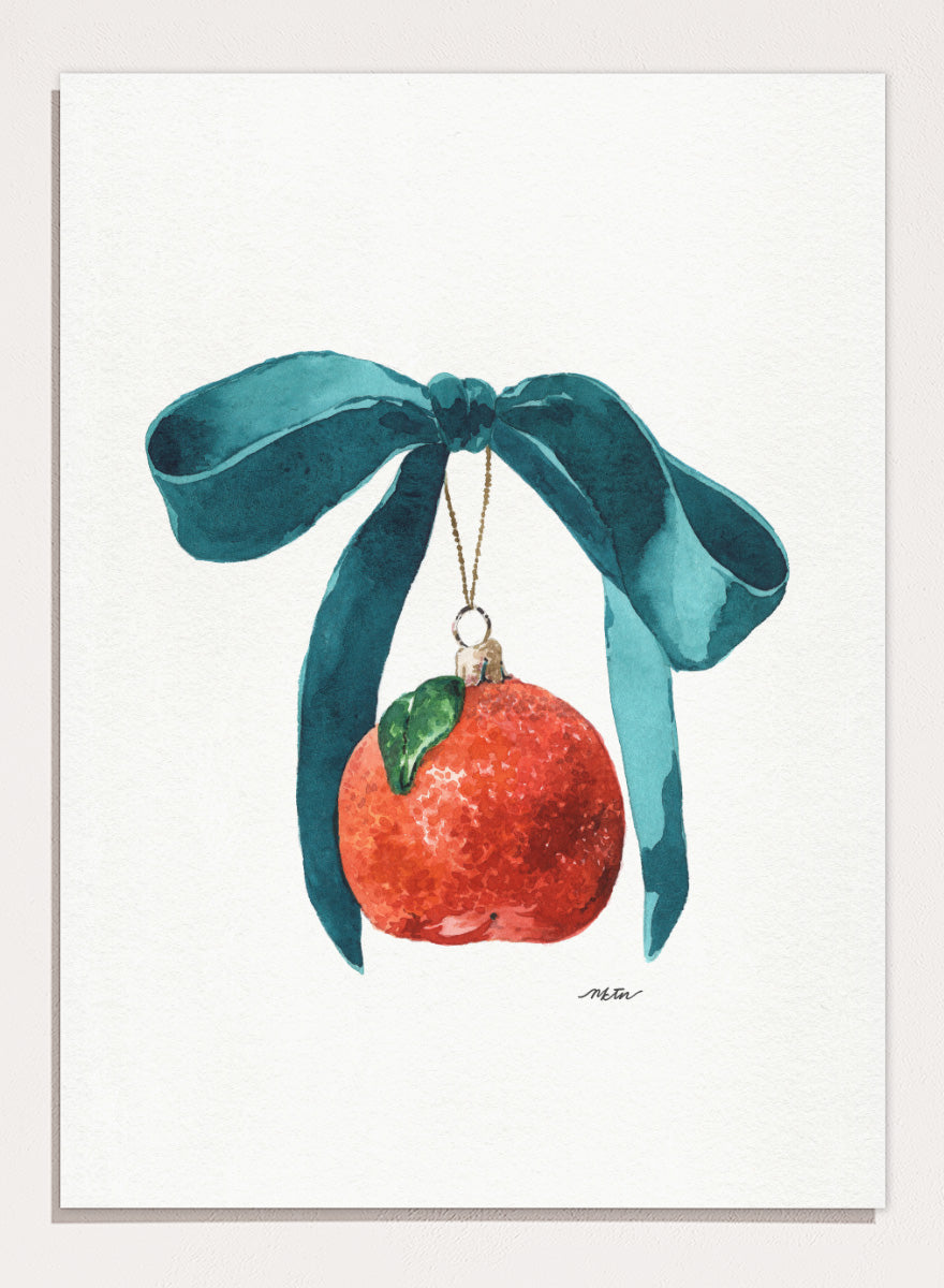 Shop Festive Tangerine Ornament by NKTN, a playful Christmas wall art print poster featuring a bright tangerine, oversized teal bow, and watercolor holiday style.