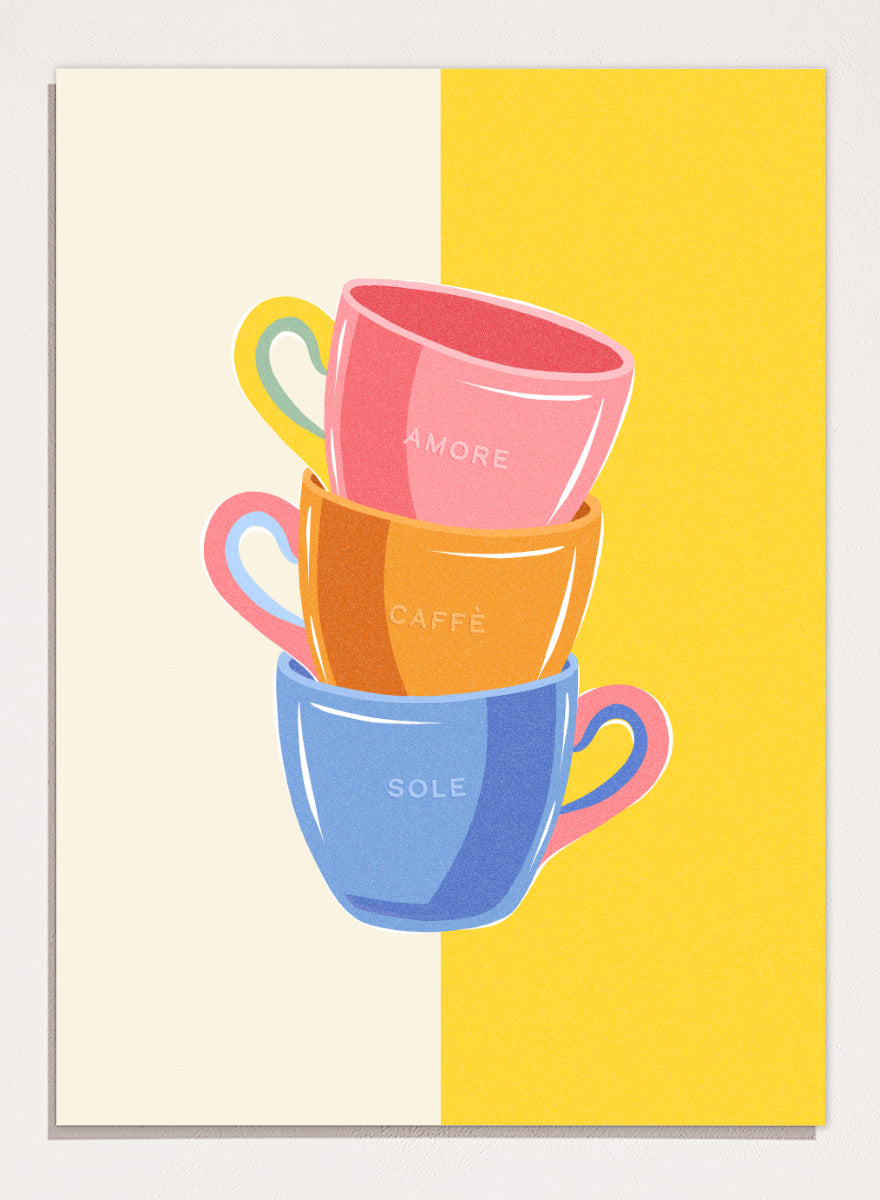 Shop Amore Caffè Sole Cups by Dominique Vari, a colorful kitchen wall art print poster featuring stacked coffee cups, Italian words, and retro café style.