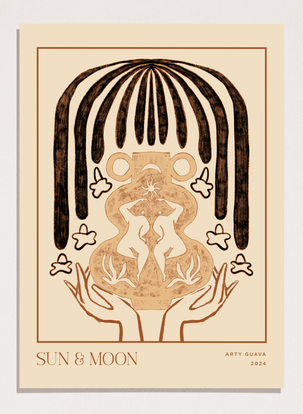 Artistic illustration of hands holding a symbol with 'Sun & Moon' text on a beige background. Vessel Collection: Sun & Moon by Arty Guava art print, modern vase wall poster with moon symbolism, contemporary minimalist line artwork.