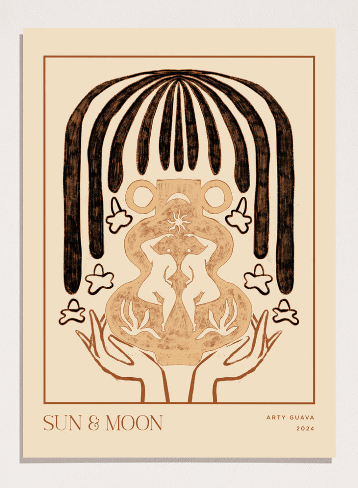 Artistic illustration of hands holding a symbol with 'Sun & Moon' text on a beige background. Vessel Collection: Sun & Moon by Arty Guava art print, modern vase wall poster with moon symbolism, contemporary minimalist line artwork.
