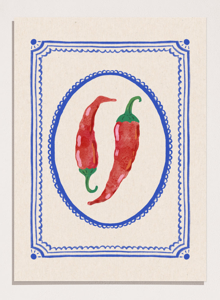 Spicy Chili Peppers by Katarzyna Gąsiorowska kitchen art print featuring red chilies in an ornate cobalt frame with vintage Mediterranean style.