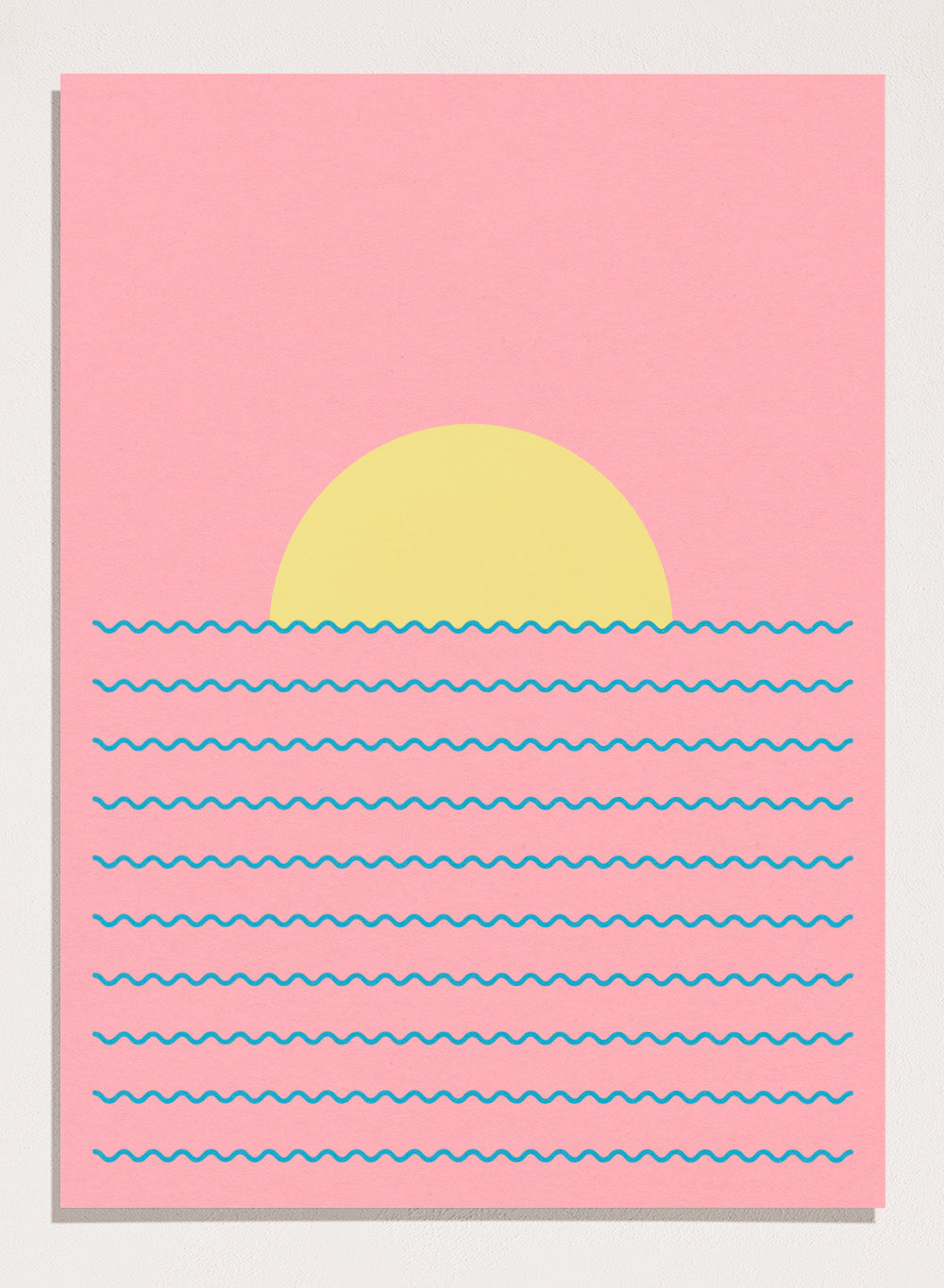 Simplified illustration of a sunset over water with blue waves on a pink background. Every Day the Sun Rises by Rosi Feist is a minimalist sun and waves art print with pink sky. Officially licensed modern poster with framing.