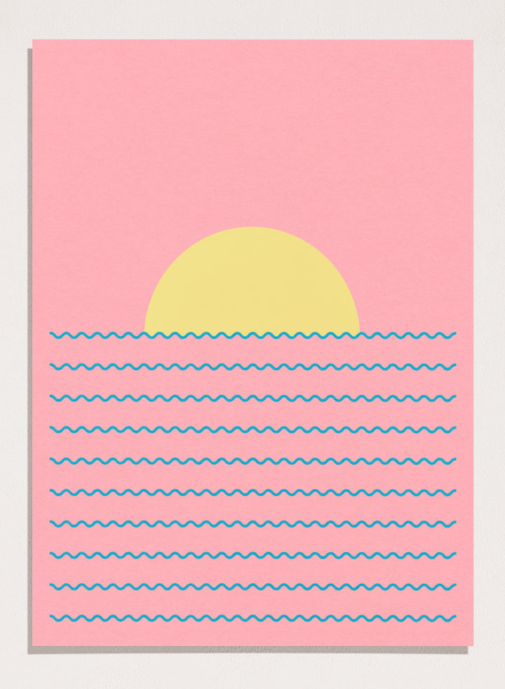Simplified illustration of a sunset over water with blue waves on a pink background. Every Day the Sun Rises by Rosi Feist is a minimalist sun and waves art print with pink sky. Officially licensed modern poster with framing.