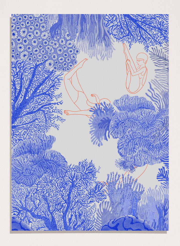Illustration of people climbing on coral with blue and white patterns. Underwater by Jota de Jai is a modern blue wall art print of swimmers drifting through an ocean coral illustration, available as a premium fine art poster with optional wood framing.