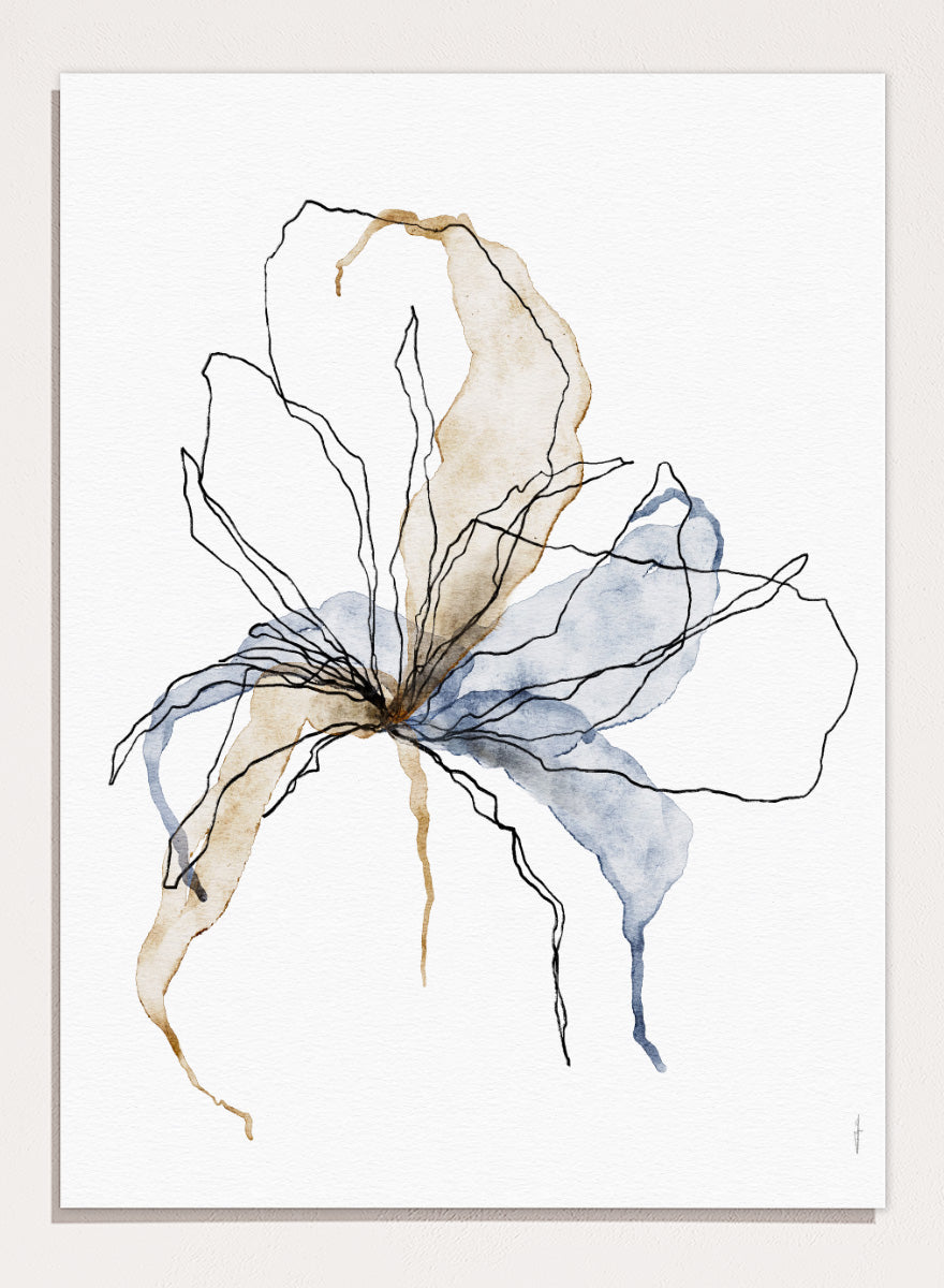 Shop Delicate Blush Botanicals by Ankie Kooi, an abstract floral wall art print poster with watercolor flower art, botanical linework, blue, brown, and cream.