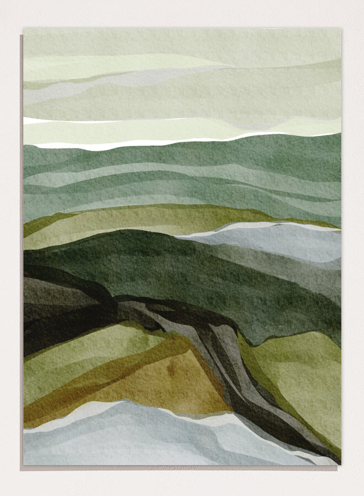 Shop Serene Green Landscape by Nikita Jariwala, a modern abstract landscape art print featuring layered hills, rolling countryside, and soft green, olive, gray, and blue tones.