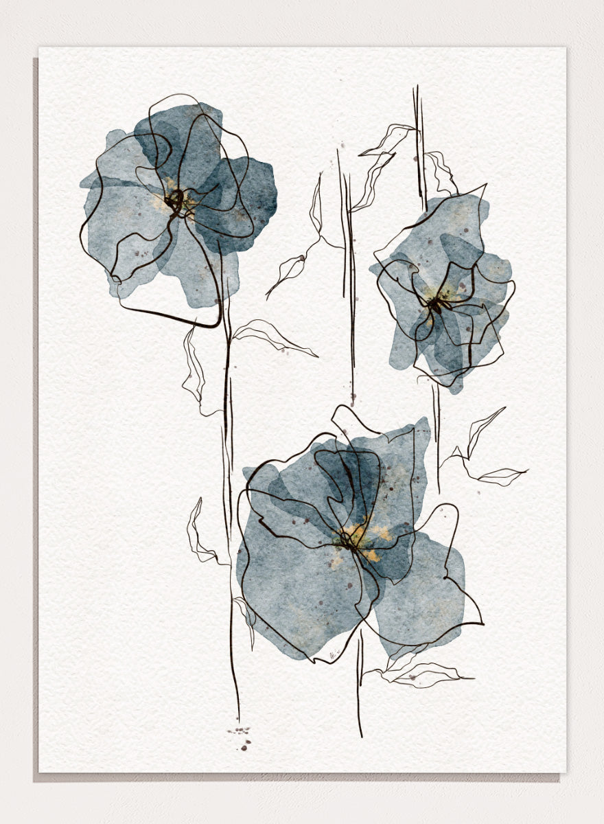 A framed watercolor and ink floral art print featuring three blue-gray flowers with black sketch lines on a white textured background. Shop Delicate Blue Blooms by Ankie Kooi, a modern floral wall art print poster featuring abstract watercolor flowers, botanical line art, blue, cream, and black.