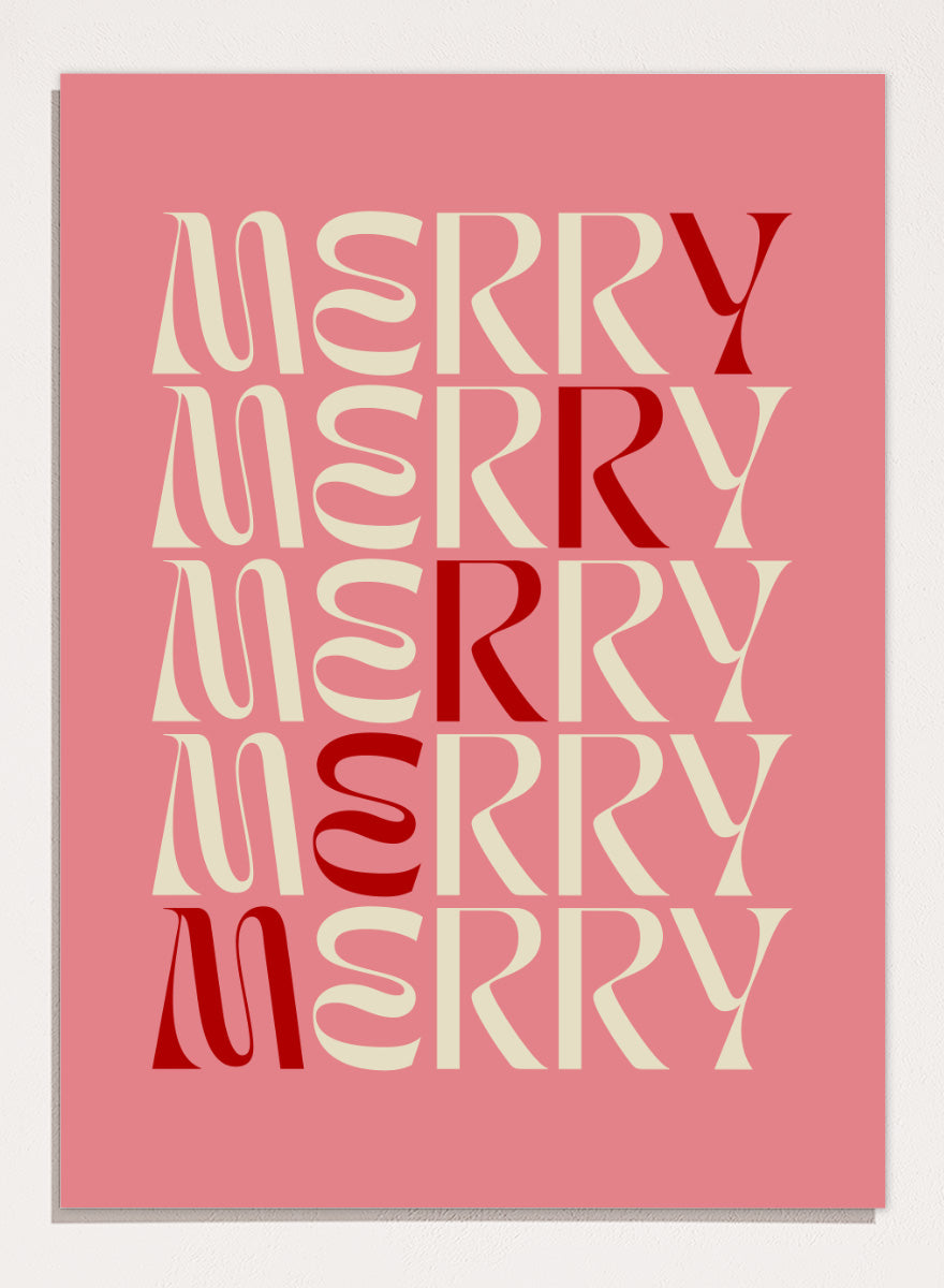 Shop Festive Merry Typography by Dominique Vari, a retro Christmas wall art print poster featuring repeated “Merry” lettering in pink, cream, and red.
