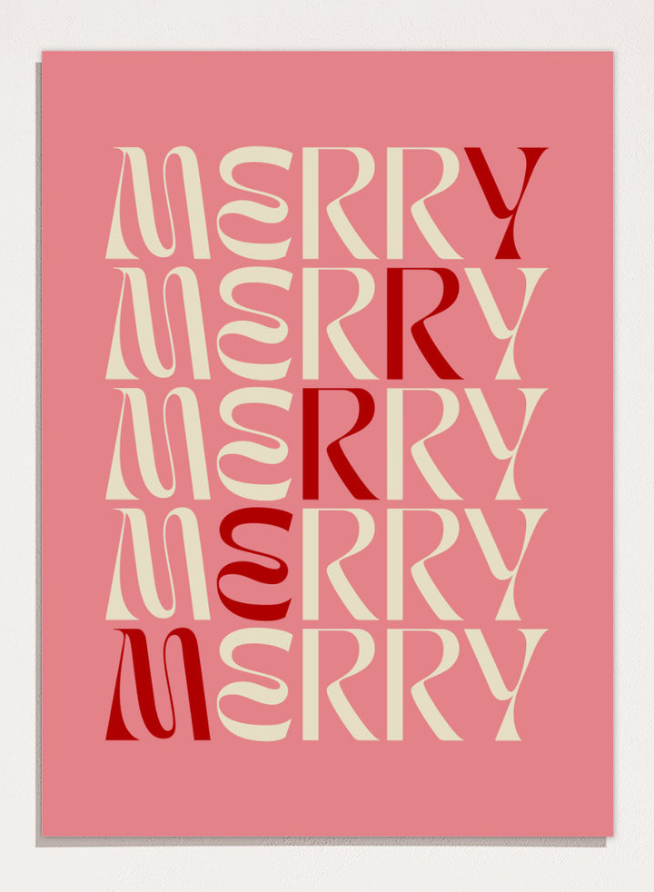 Shop Festive Merry Typography by Dominique Vari, a retro Christmas wall art print poster featuring repeated “Merry” lettering in pink, cream, and red.