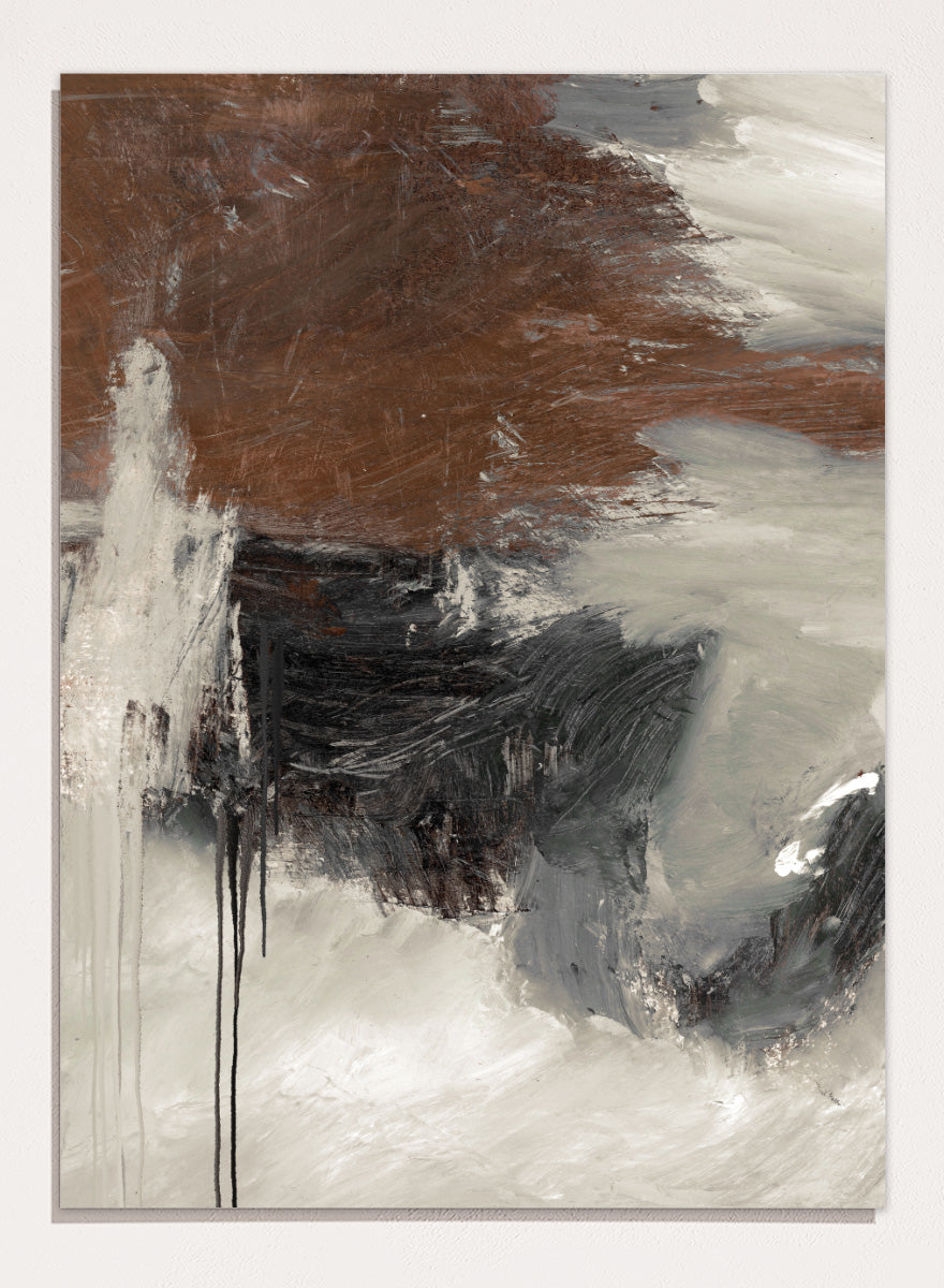 Shop Glow by Dan Hobday, a contemporary abstract art print featuring deep brown, charcoal, cream, and gray with expressive layered brush texture.