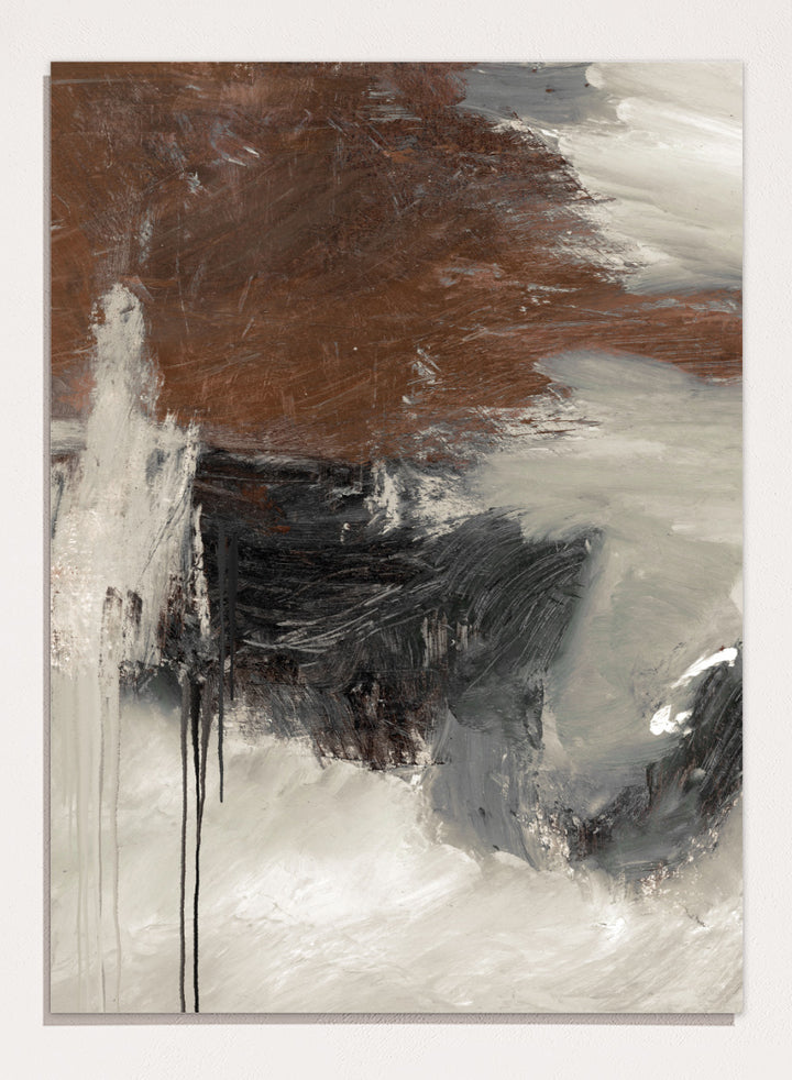 Shop Glow by Dan Hobday, a contemporary abstract art print featuring deep brown, charcoal, cream, and gray with expressive layered brush texture.