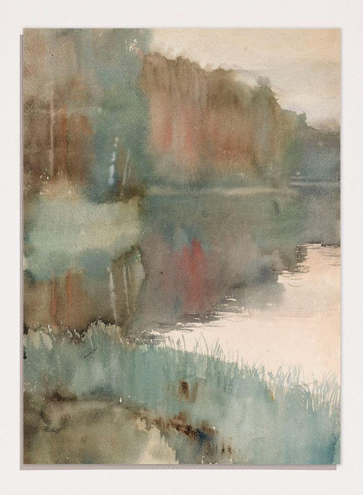 Shop Seashore at Haikko in Autumn by Albert Edelfelt, a vintage Finnish landscape wall art print poster featuring a misty autumn shoreline in green tones.