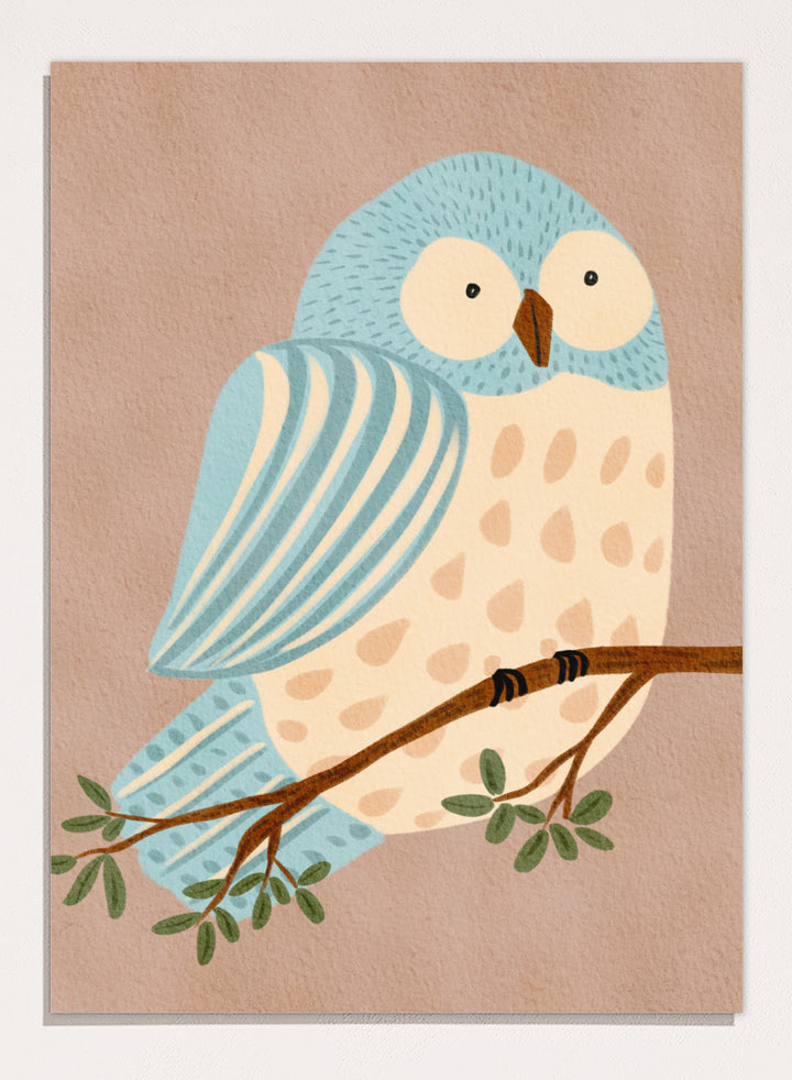 A stylized illustration of a blue and cream owl perched on a brown branch with green leaves, set against a warm beige background. Shop Whimsical Blue Owl by Nikita Jariwala, a blue owl wall art print poster for nursery and kids room decor featuring a playful bird illustration and soft blue tones.