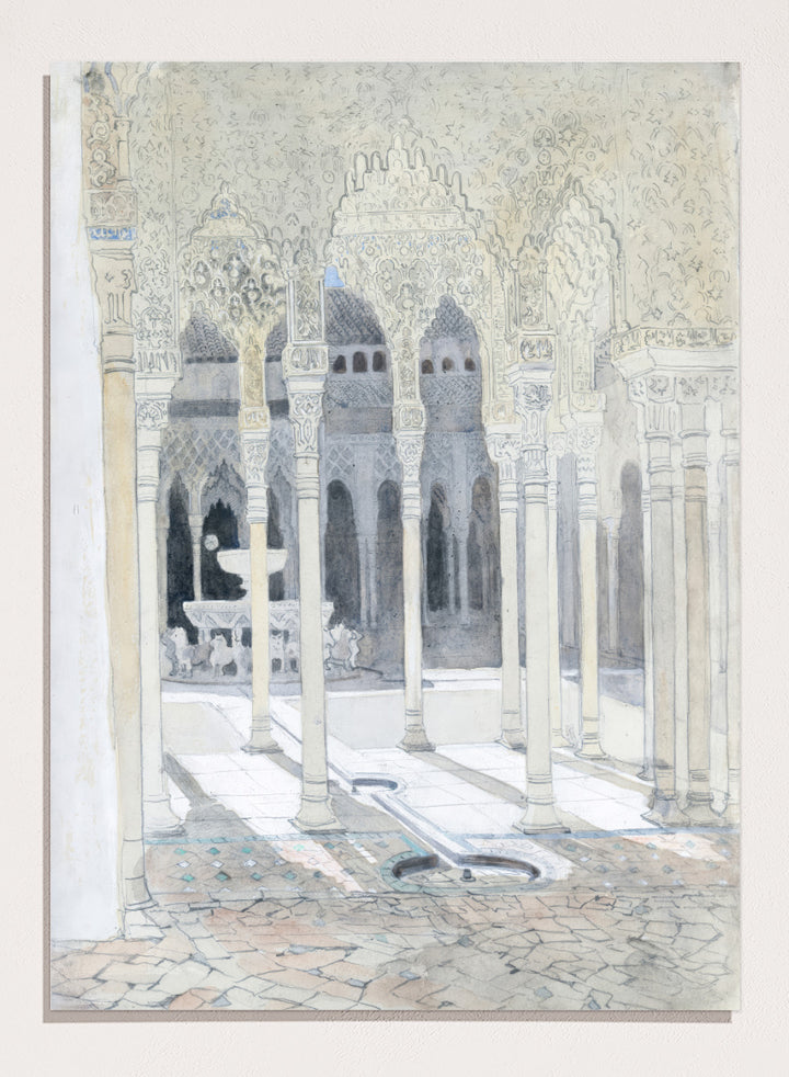 A watercolor and ink painting of a historic courtyard with arches, columns, and a fountain. The Lion Courtyard, the Alhambra, Granada, Spain by Hercules Brabazon Brabazon is a vintage watercolor art print featuring Moorish arches, columns, and the Alhambra courtyard.