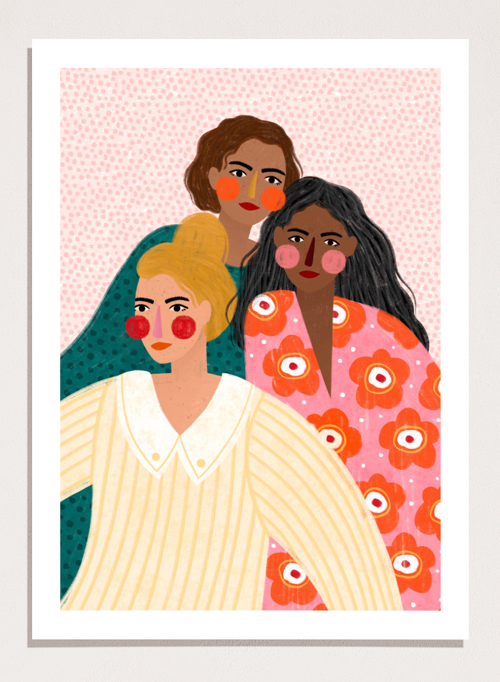 Illustration of three women with colorful clothing and patterns on a pink background. Girl Friends by Bea Müller is an officially licensed art print featuring three women illustrated in her signature bold colors and modern expressive style.