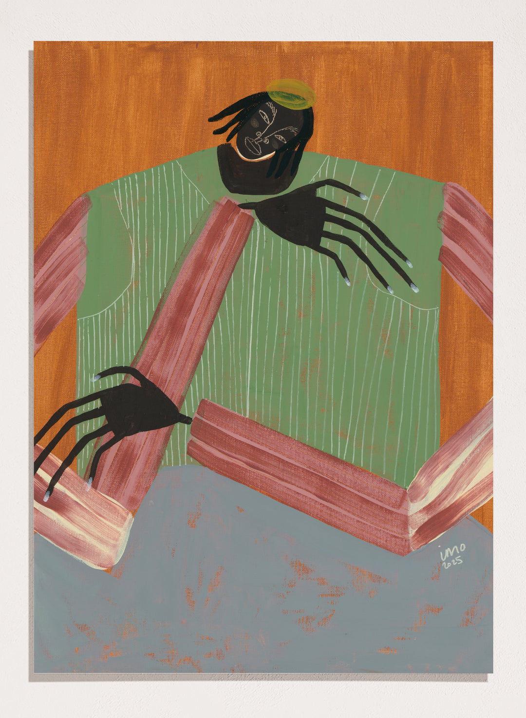 Artistic depiction of a person with spider-like hands and feet against a wooden background. No Place to Be by Studio IMO (Ibi Meier-Oruitemeka) is a modern figurative art print with a seated figure, bold color, and contemporary portrait wall poster design.