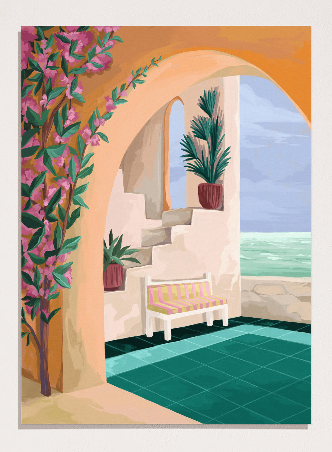 Decorative interior scene with an arch, bench, and ocean view. Bench with a View by Goed Blauw is a coastal art print and wall poster featuring an arched terrace, striped bench, and ocean view with warm tones.