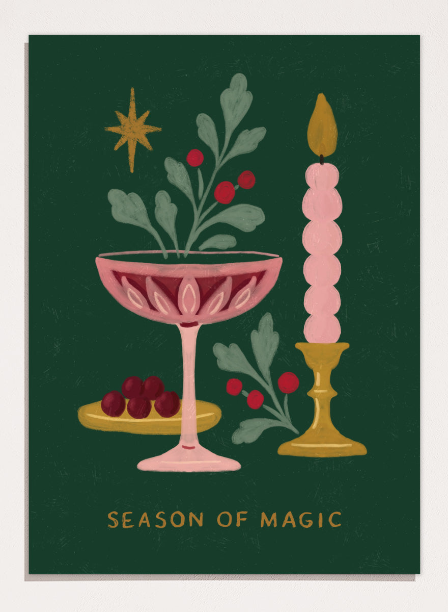 Shop Season of Magic by Katarzyna Gąsiorowska, a festive Christmas wall art print poster featuring a pink candle, berries, greenery, and holiday decor.