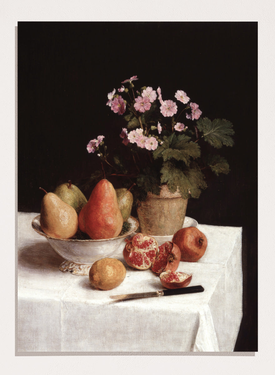 Shop Still Life with Primroses, Pears and Pomegranates by Henri Fantin-Latour, a vintage still life wall art print poster with warm brown tones.