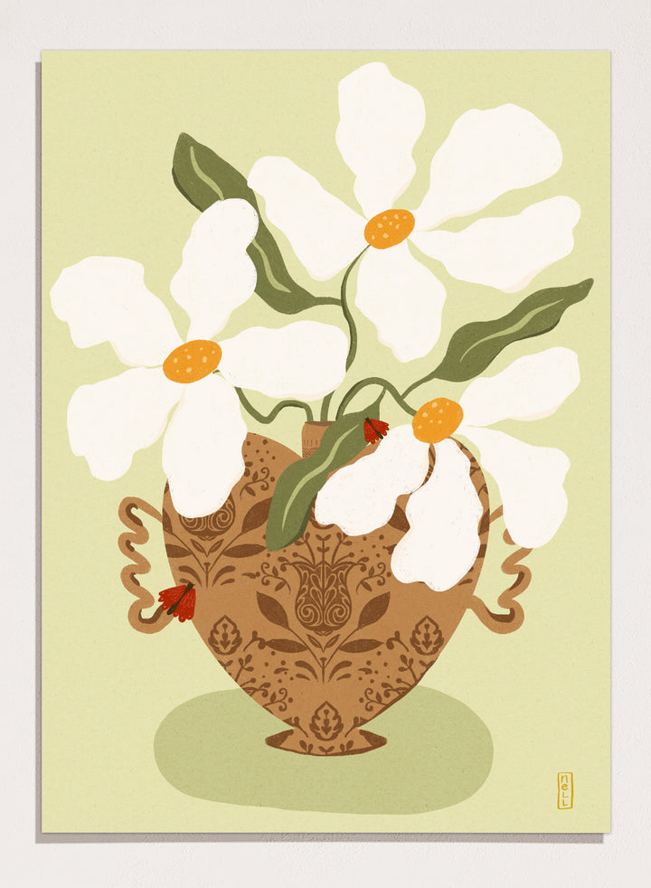 Decorative illustration of a vase with white flowers on a light green background. Whimsical Floral Heart by Dirkie Nell is a floral art print featuring oversized white flowers, a patterned heart vase, and hand painted folk inspired details.