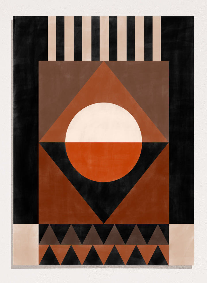 Shop Geometric Earth Tones by Elena Ristova, a modern abstract wall art print poster with bold geometric shapes in orange, cream, brown, and black.
