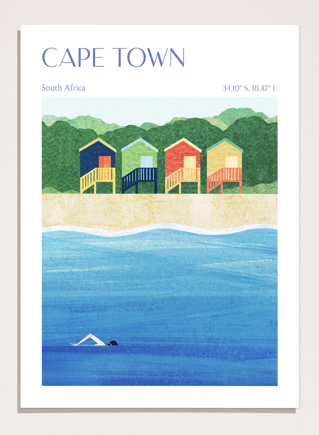 Illustration of beach huts by the sea with 'Cape Town, South Africa' text. Cape Town Beach Huts by Longwayhome is a minimalist coastal art print featuring colorful beach cabins, ocean scenery, and modern travel inspired design.