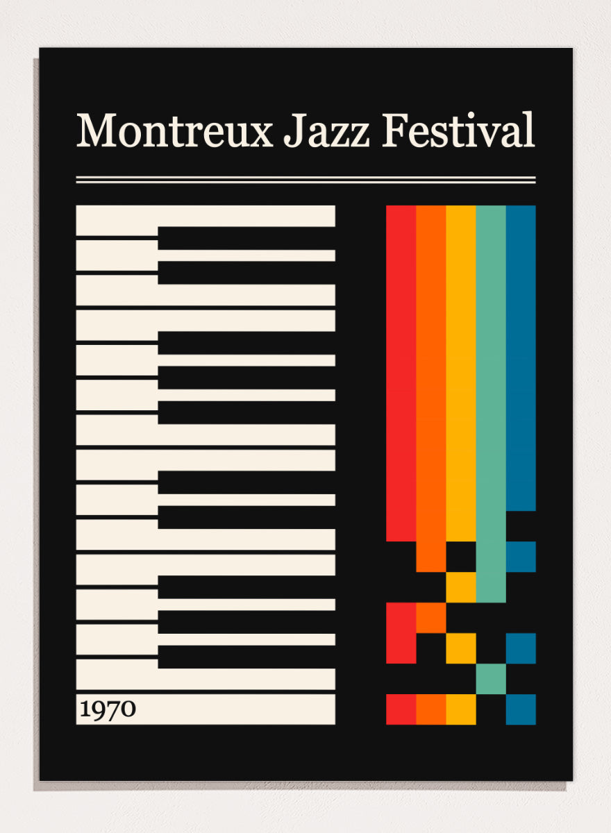 Montreux Jazz Festival 1970 poster design with a black background, white piano keys on the left, a vertical rainbow stripe graphic on the right, and the festival title at the top. Colorful Jazz Keyboard by Retrodrome retro music art print featuring piano keys, Montreux Jazz Festival typography, and bold 1970s color blocks.