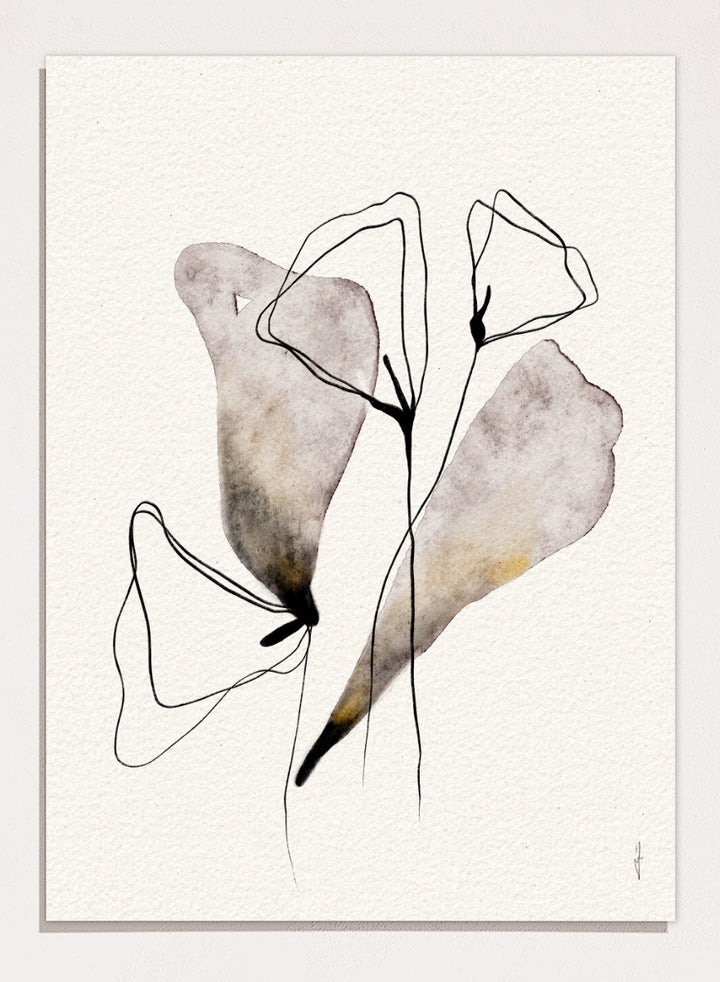 Shop Abstract Watercolor Flora by Ankie Kooi, a modern abstract floral wall art print poster with minimalist flower line art, botanical forms, soft lavender, and muted gold.