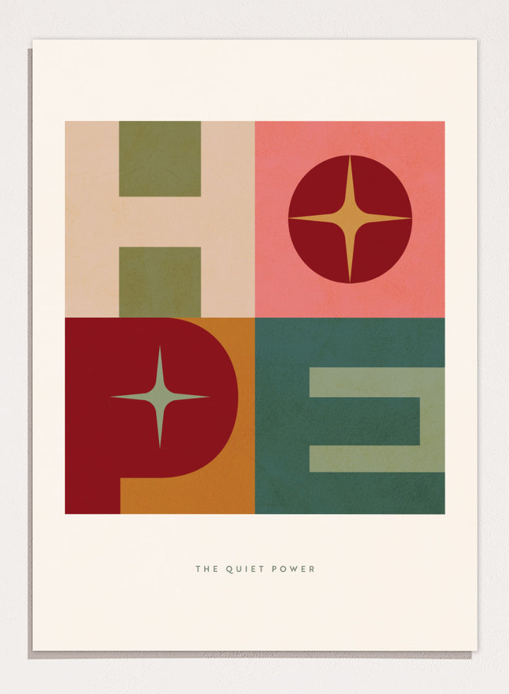 Shop Hope Retro Typography by Dominique Vari, a retro typography wall art print poster featuring bold geometric letters, star shapes, and warm vintage-inspired color.