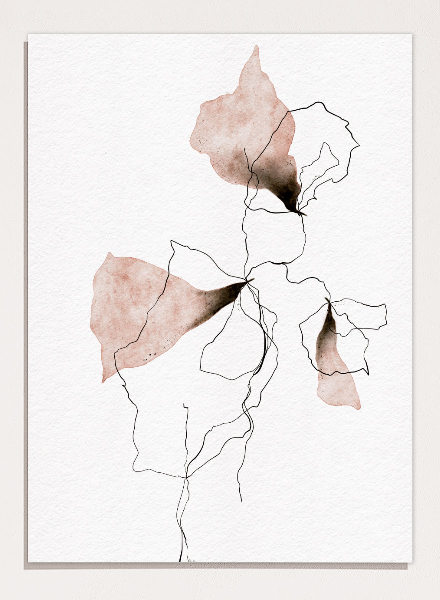 Shop Delicate Blush Botanicals by Ankie Kooi, a modern floral wall art print poster with abstract watercolor flowers, botanical line art, pink, cream, and black.