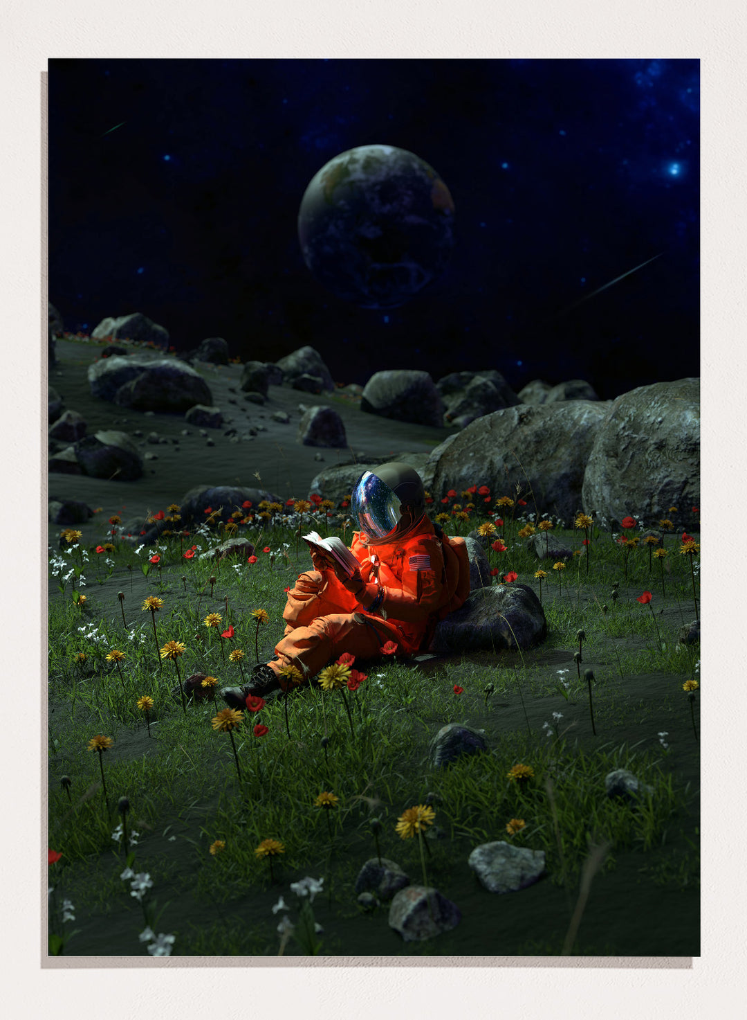 Person in orange spacesuit sitting on the moon reading a book with a large moon and stars in the background. Astronaut’s Alien Garden by Nicebleed is a surreal space art print featuring an astronaut reading in a floral alien landscape, modern aesthetic wall poster.