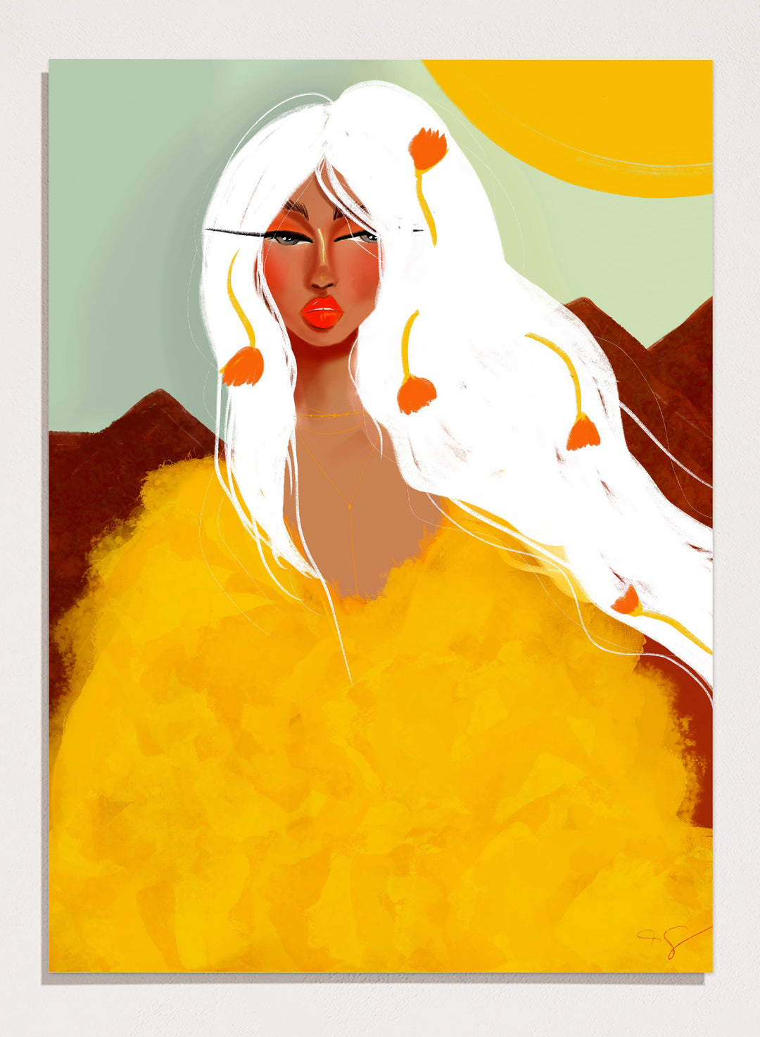 Artistic depiction of a woman with white hair and red lipstick against a colorful background. Golden Woman White Hair by Amy Straley is a contemporary figurative art print featuring a feminine portrait, surreal landscape, and bold golden color palette.