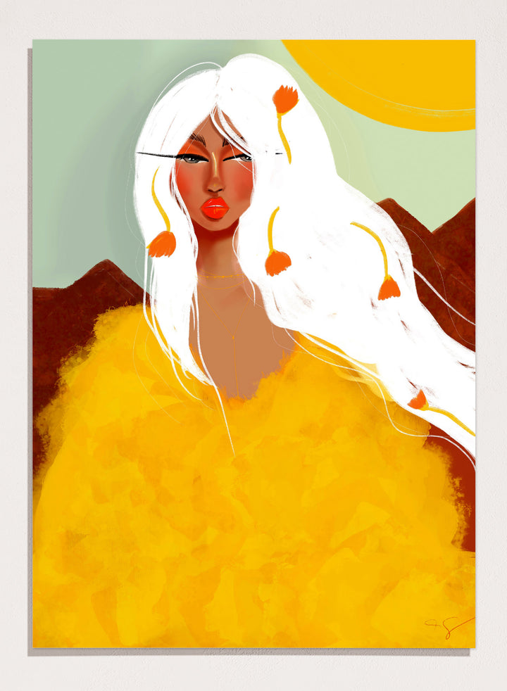 Artistic depiction of a woman with white hair and red lipstick against a colorful background. Golden Woman White Hair by Amy Straley is a contemporary figurative art print featuring a feminine portrait, surreal landscape, and bold golden color palette.