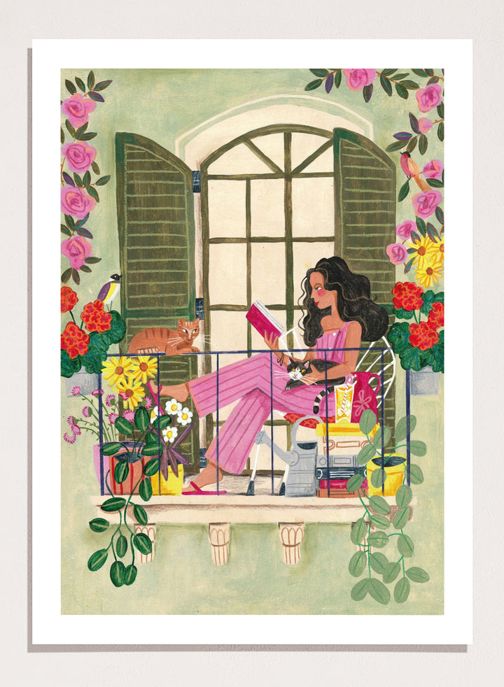 Illustration of a woman reading a book on a balcony with flowers and plants. Balcony Reading With Cats by Caroline Bonne Müller is a fine art print and wall poster of a woman reading on a balcony with cats and flowers in a modern style.