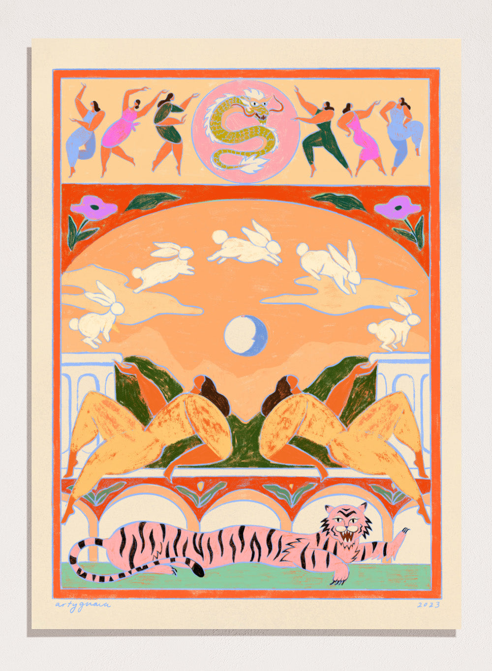 Decorative artwork with animals and people in a stylized setting. Rabbit Jumps Over the Moon by Arty Guava is a surreal art print with rabbits, dancers, and a tiger in bold color. Officially licensed wall poster.