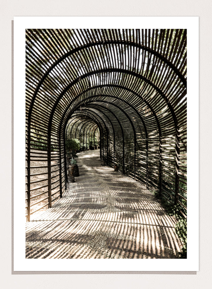 A framed art print featuring a perspective view of a garden pathway enclosed in a dark arched trellis structure, casting striped shadows on the ground. Shadow Garden by Shot by Clint architectural photography print featuring a curved wooden walkway, striped shadows, garden plants, and textured natural light.