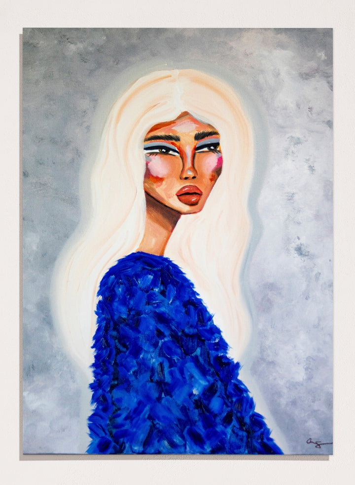 Artistic depiction of a woman with long blonde hair wearing a blue textured garment against a gray background. Elegant Blue Fashion by Amy Straley is a contemporary figurative art print featuring a feminine portrait, bold blue tones, and expressive modern artwork.