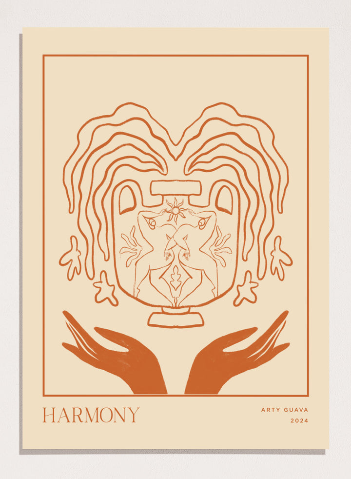 Artistic illustration of a heart with hands holding it, titled 'Harmony' by Arty Guava 2024. Harmony by Arty Guava is a minimalist vessel art print with terracotta linework, mirrored figures, and symbolic calm. Officially licensed wall poster.