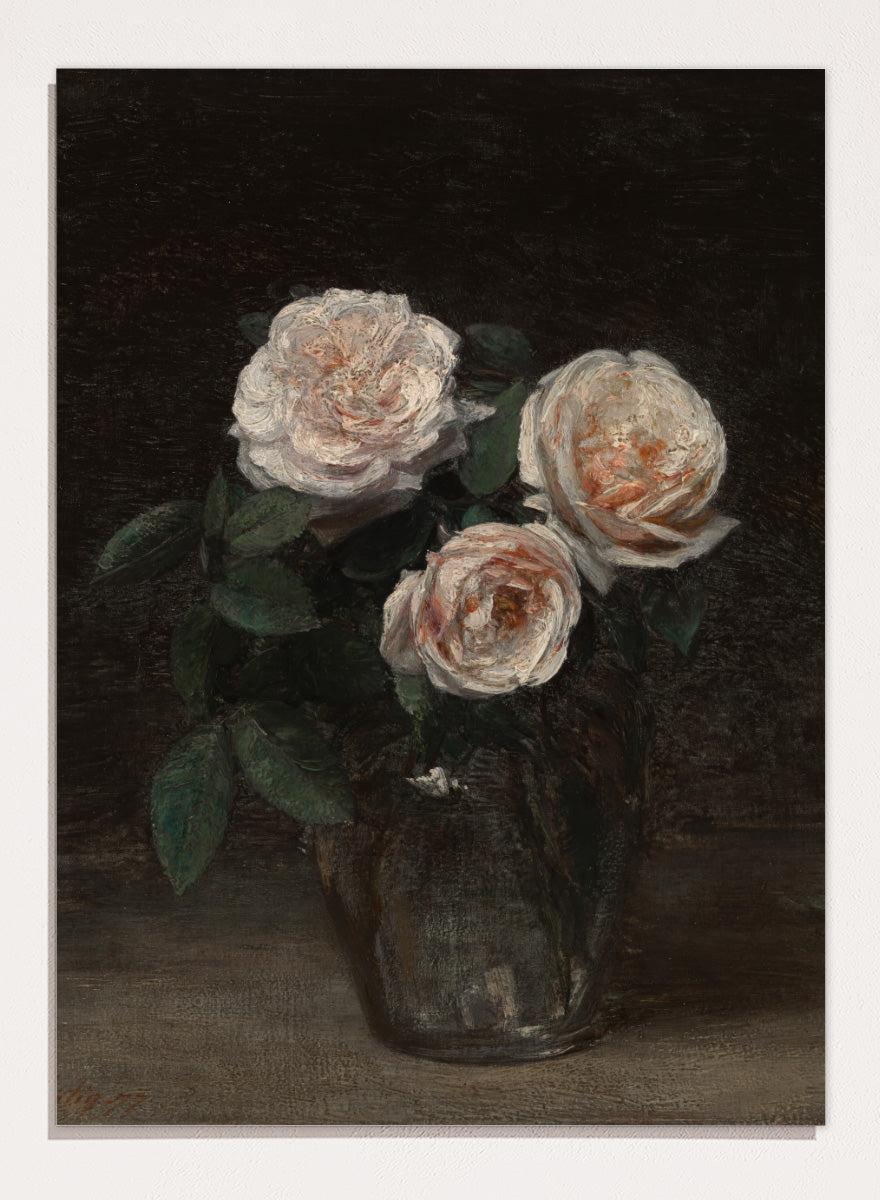 Shop Still Life with Roses by Henri Fantin-Latour, a vintage floral wall art print poster featuring pale roses against a rich brown background.