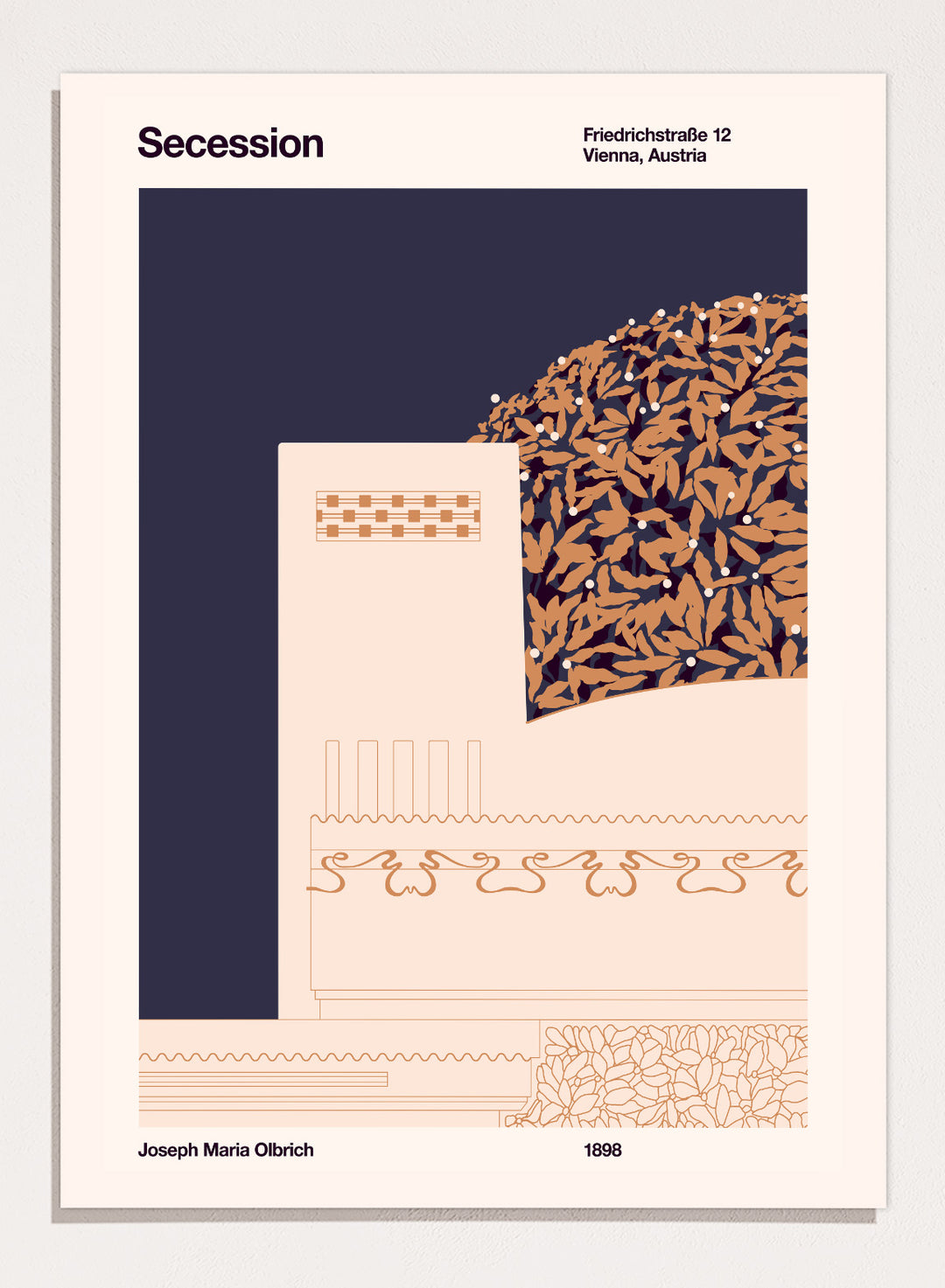 Poster design with geometric patterns and text on a dark blue and beige background. Vienna Secession Building by Florent Bodart is a modern architectural art print inspired by Vienna Secession design, a minimalist wall poster with geometric detail and warm tones.